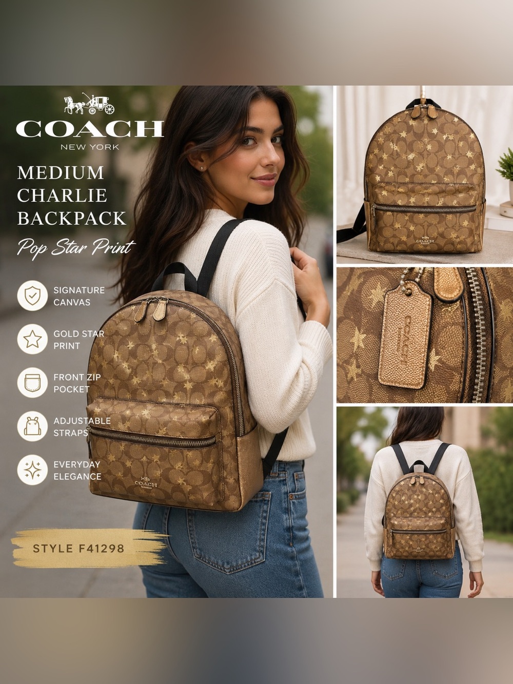 Coach Charlie Backpack Signature Pop Star Gold Metallic F41298